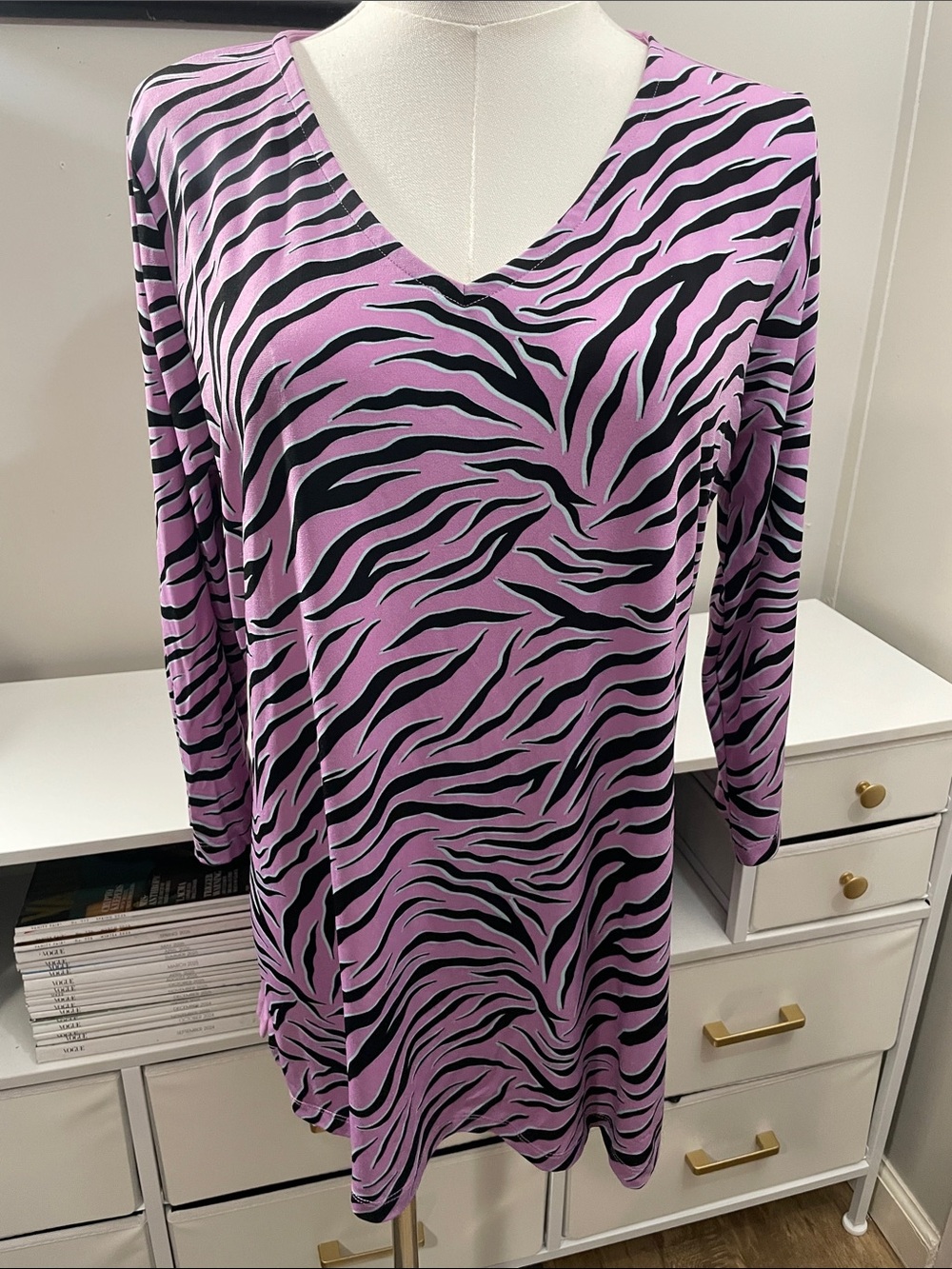 V-Neck Zebra Print Long Sleeve Top - Lavender/Black